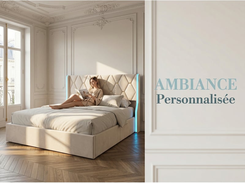  Lit coffre 160x200 cm - lit 2 places pu beige - led rgb intégrée - sommier relevable  - Conforama E