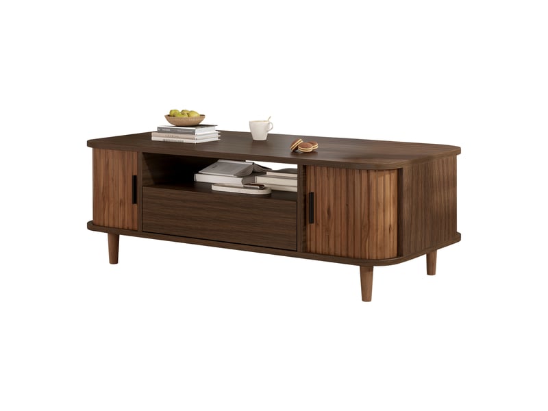 Table basse avec rangement 100 x 50 x 35 cm, 2 portes coulissantes rainurées, 1 tiroir et niche ouverte, mdf effet noyer sur pieds en bois  - Conforama A