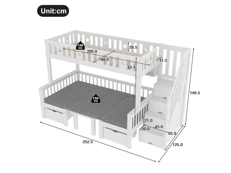 Lit mezzanine enfant 90x200 cm blanc avec bureau pliant et rangements  - Conforama C