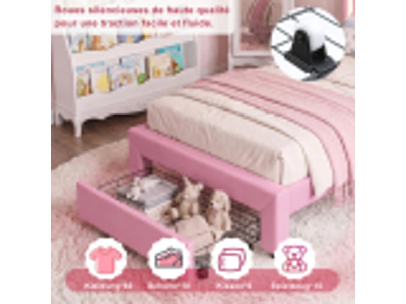 Lit rembourré 140x200 cm avec 2 tiroirs, lit capitonné avec tête de lit couronne lumineuse led, lit capitonné avec tête de lit réglable, pu, blanc, sans matelas - Conforama D