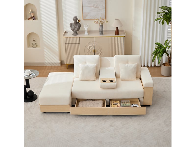  Canapé d'angle convertible 3 places avec dossier réglable, rangement, tiroirs et porte-gobelets en tissu chenille beige  - Conforama E