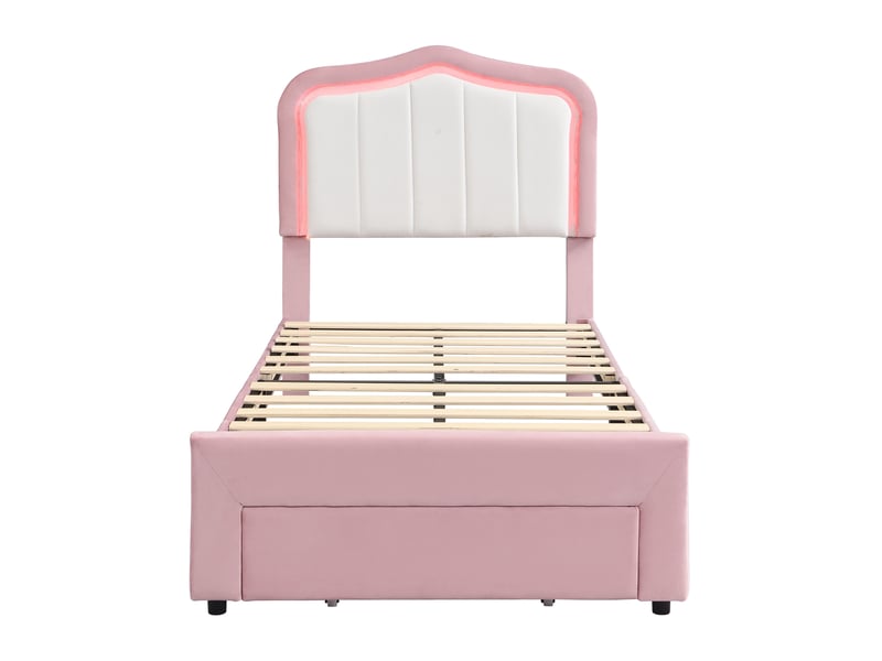  Lit simple enfant 90x200 cm – rose et blanc – led pilotée par application, tiroir de rangement - sans matelas  - Conforama D
