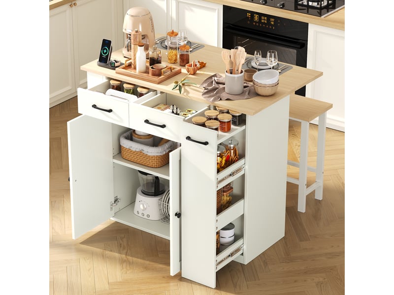  Îlot de cuisine avec deux chaises et plan de travail extensible, prises électriques intégrées, couleur blanche  - Conforama C