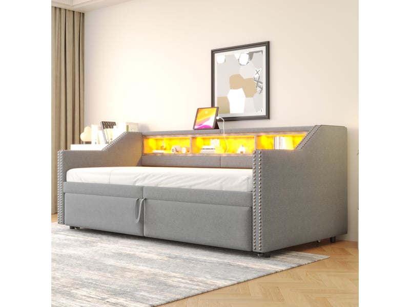  Sofa-lit capitonné 90 ou 180 x 200 cm, led et usb, coffre de rangement, sommier à lattes, coloris gris clair confort  - Conforama E