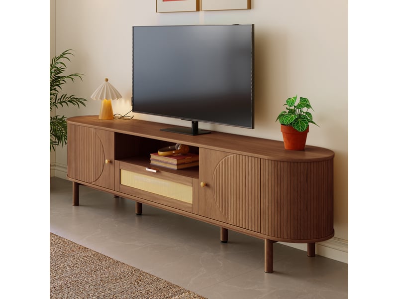 Meuble tv avec 2 portes, niche ouverte et tiroir, design incurvé, pour salon, mdf, marron, 175×36×51 cm - Conforama C