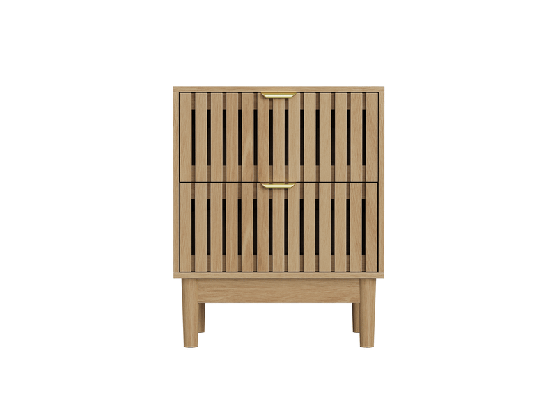  Table de chevet 45x39x56,5 cm, 2 tiroirs, rangement, pieds en bois, poignées métal doré, mdf, chêne clair  - Conforama A