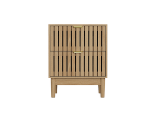Table de chevet 45x39x56,5 cm, 2 tiroirs, rangement, pieds en bois, poignées métal doré, mdf, chêne clair