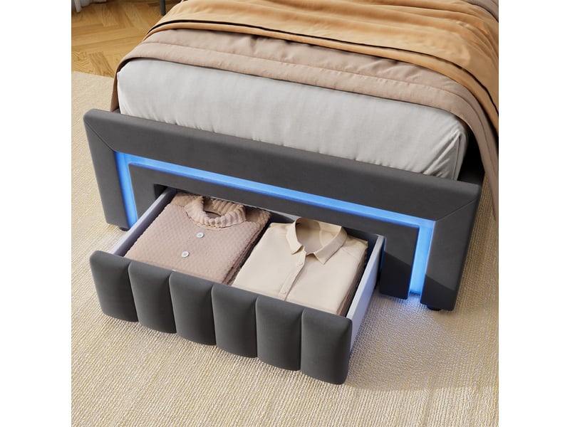  Lit avec rangement 90 x 200 cm en velours gris, lit simple avec coffre hydraulique, tiroir et led, sans matelas  - Conforama E