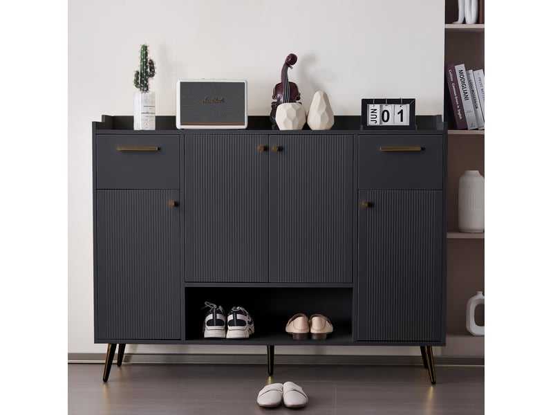  Meuble à chaussures 130 x 37 x 100 cm noir, panneaux de particules, 2 tiroirs, 4 portes et niche ouverte  - Conforama B