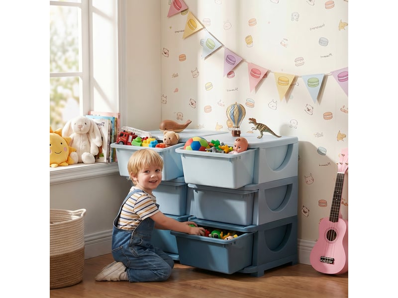  Organisateur de jouets pour enfants à 3 niveaux avec 6 tiroirs, boîtes de rangement en plastique, bleu, 75x37x56,5cm  - Conforama D