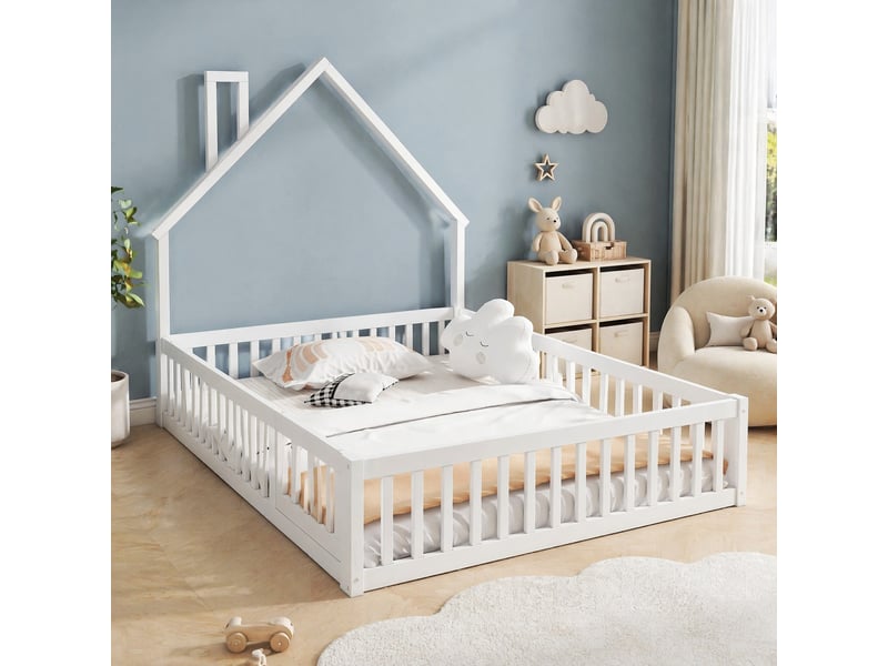  Lit enfant 140x200 cm avec sommier à lattes, forme cheminée, blanc  - Conforama B