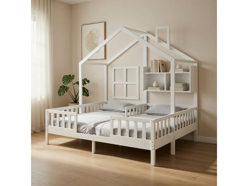  Gutenacht lit cabane bois 90x200cm, fenêtres, led, garde-corps, blanc  - Conforama D