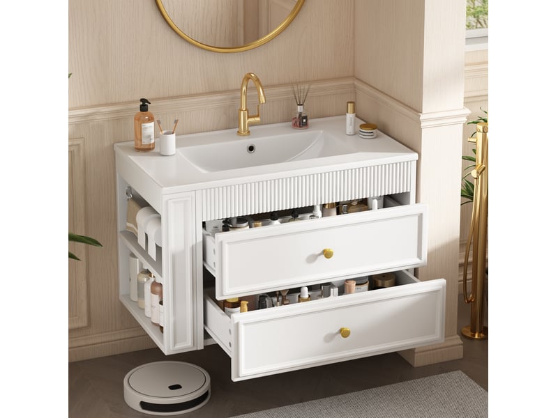 Meuble vasque suspendu 81 x 47 cm - blanc brillant - 2 tiroirs, rangement lateral et vasque ceramique - Conforama B