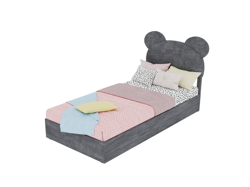 Lit coffre enfant 90x200 cm, tête de lit cartoon, ouverture à vérins, tissu et métal gris, sans matelas - Conforama A