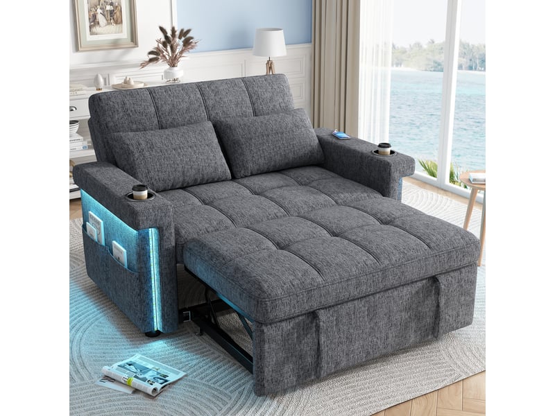 Canapé convertible 2 places 145 cm, dossier réglable 3 positions, led, usb et usb-c, porte-gobelets, poches latérales, 2 coussins, chenille gris Radiant Stride - Conforama B