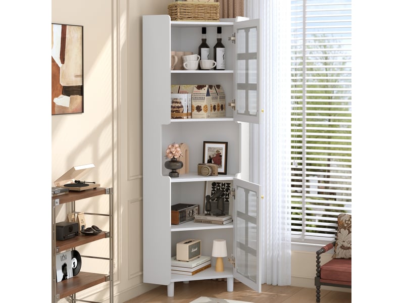  Meuble d'angle avec led 10 couleurs, 2 portes vitrées et niche ouverte pour salon, en mdf blanc, 63,5 × 157,5 cm  - Conforama C