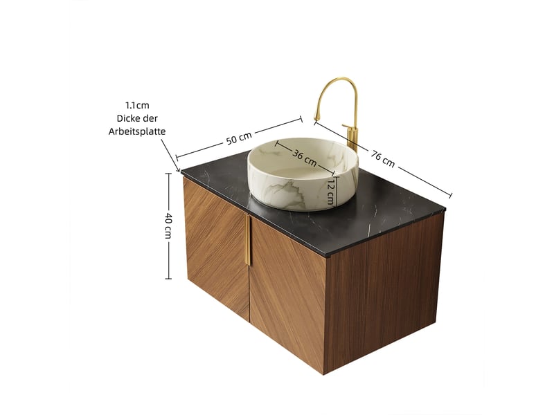 Meuble sous vasque avec 2 portes, vasque en céramique et plan en pierre frittée pour salle de bain, 76×50×53,1 cm - Conforama D