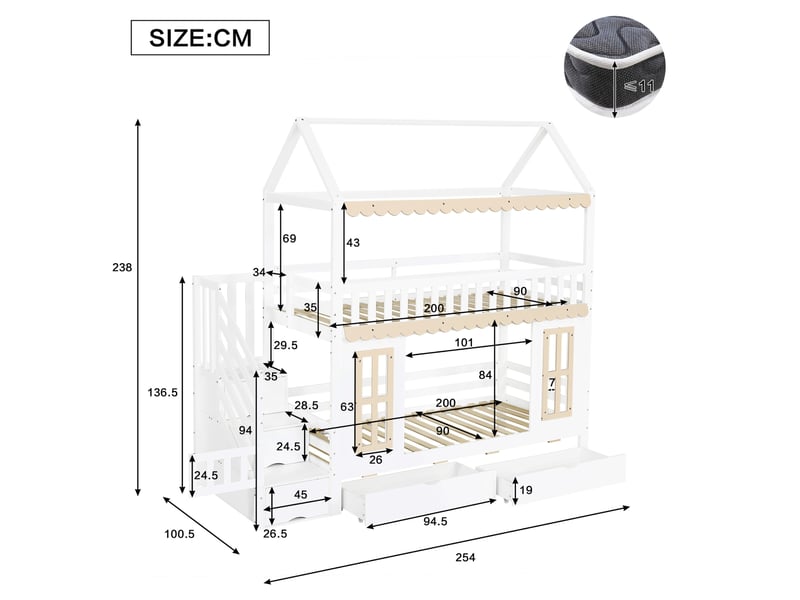  Lit superposé enfant 90x200 cm forme maison blanc et naturel avec rangements  - Conforama C