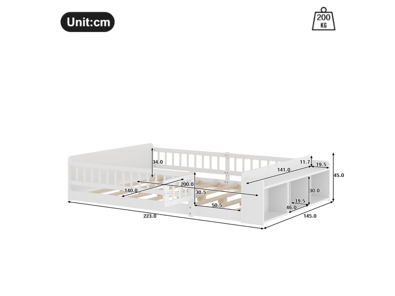 Lit enfant 140 x 200 cm avec rangement ouvert, barrière ouvrante, blanc, bois et mdf - Conforama C