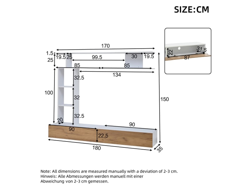  Ensemble mural tv 180x35x22,5 cm, 2 portes de rangement, pose murale ou au sol, panneau de particules, blanc et bois  - Conforama C