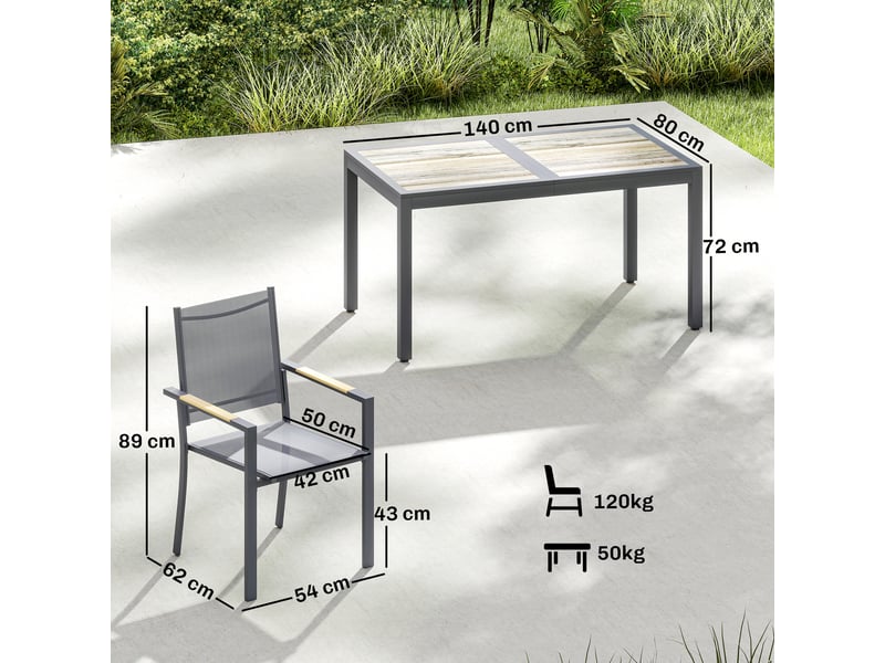 Salon de jardin ensemble mobilier de jardin 7 pièces table effet bois 6 chaises empilables en textilène 140x80x72cm gris - Conforama E