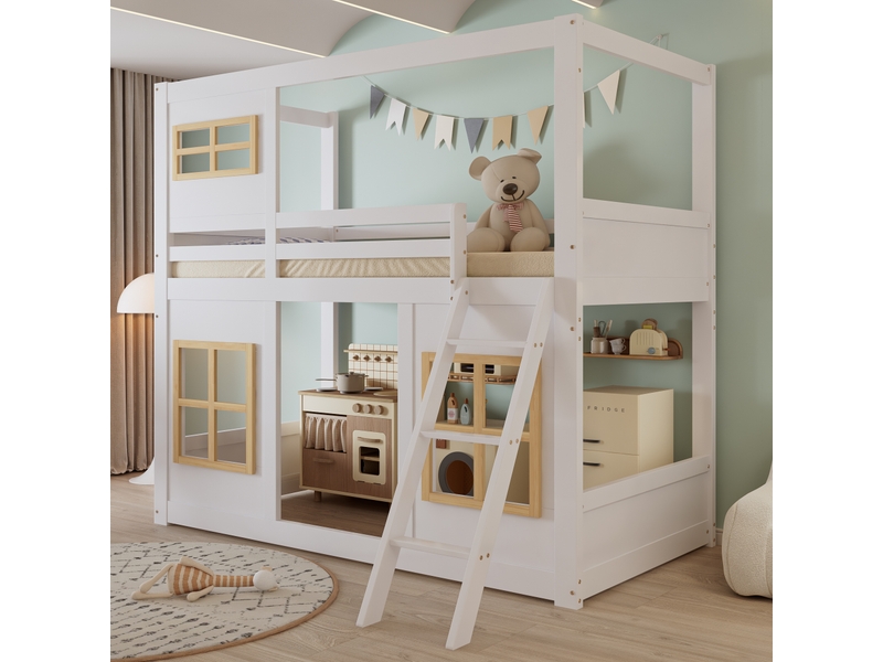  Lit mezzanine cabane enfant 90x200cm avec fenêtres décoratives | échelle trémie pin massif fsc espace jeu 97cm - blanc et naturel  - Conforama D