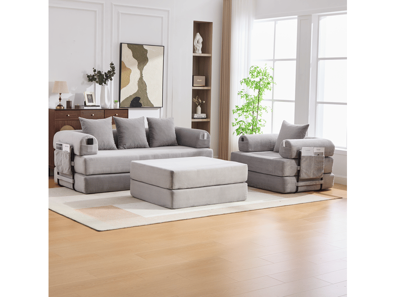  Canapé modulable 4 places en velours côtelé gris clair avec pouf, poche latérale et cadre métal  - Conforama B