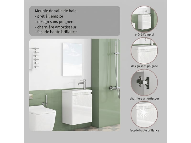  Meuble salle de bain suspendu 40 cm avec vasque en céramique et miroir - blanc brillant gain de place  - Conforama B