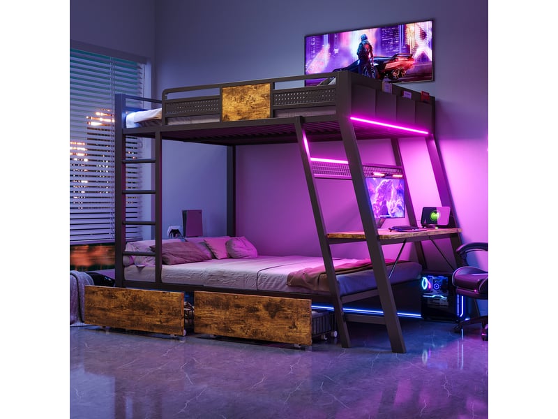  Lit double 140x200 cm, bureau latéral avec tabouret, rangement à deux niveaux, tête capitonnée et sommier à lattes, velours, bleu  - Conforama C