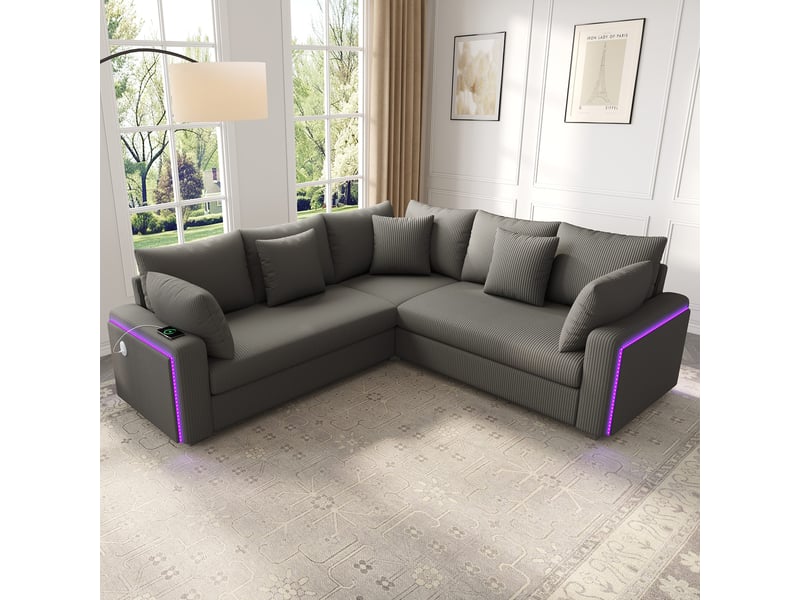  Canapé d'angle 5 places 198 × 198 cm, led, usb-ausb-c, velours côtelé gris IKSETERA TRADING LTD - Conforama B