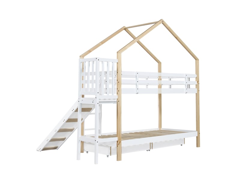 Lit superposé enfant cabane en bois blanc naturel 90x200cm avec toboggan, échelle inclinée, barrières de sécurité et tiroirs de rangement  - Conforama E