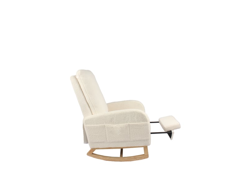 Fauteuil à bascule d'allaitement blanc en tissu bouclette, dossier haut, repose-pieds - Conforama E