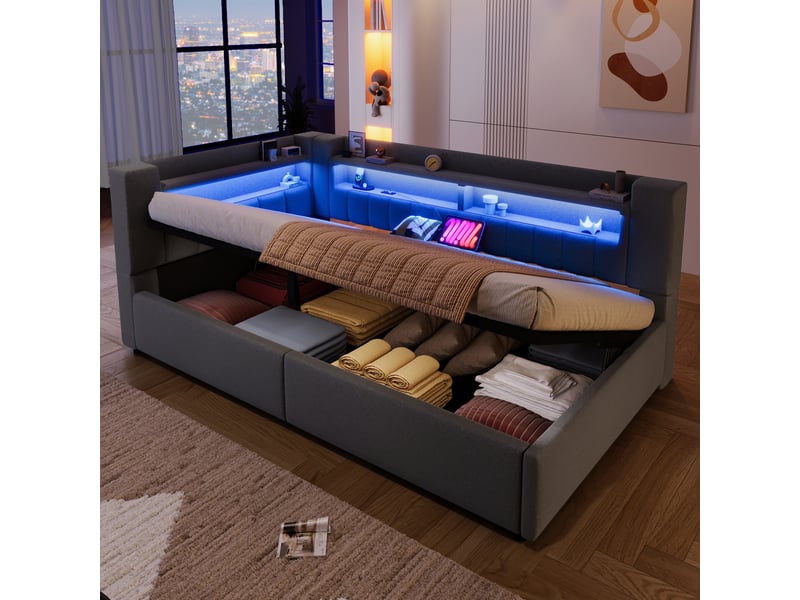 Lit coffre hydraulique 90x200 cm avec led et usb-c, tissu lin gris, structure mdf, sans matelas - Conforama B