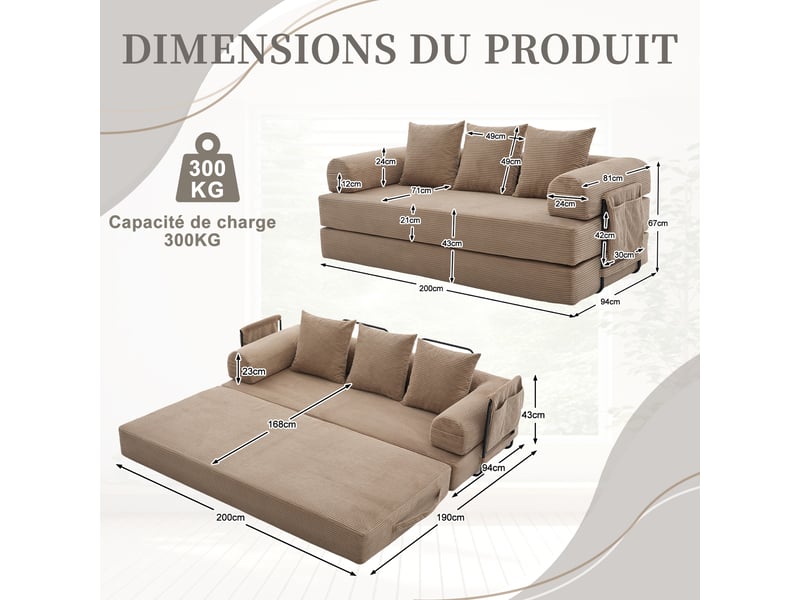  Canapé modulable,200x94x67 cm,3 places avec rangement,corduroy,kaki  - Conforama C