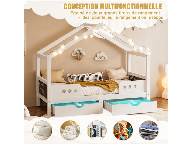 Lit cabane enfant avec deux tiroirs, bois et mdf, 90 x 200 cm, tableau ardoise, blanc - Conforama W