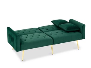 Canapé convertible 2 places avec dossier réglable - coussins inclus, velours, pieds en métal - vert