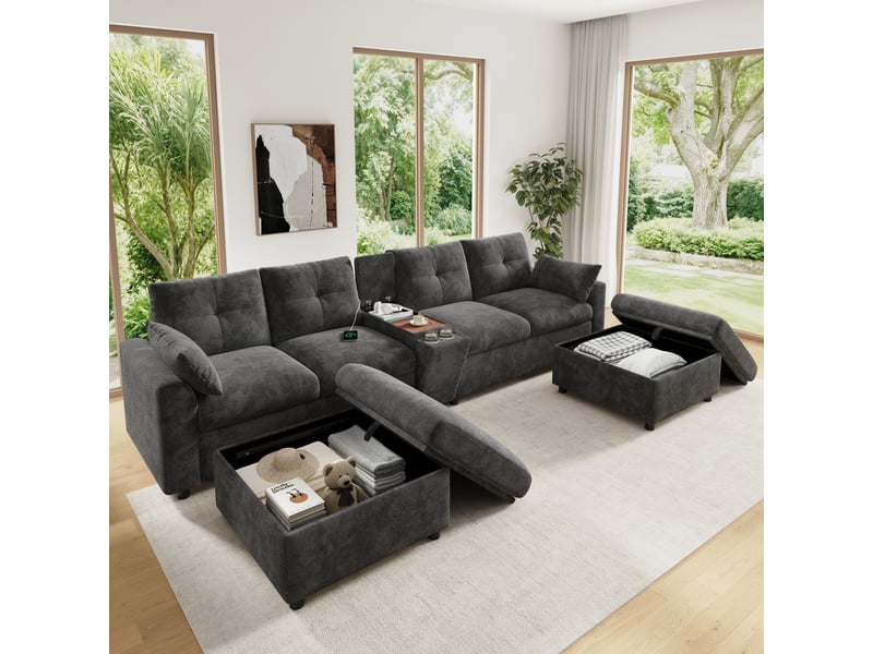  Canapé d'angle panoramique fixe 6 places tissu gris  - Conforama B