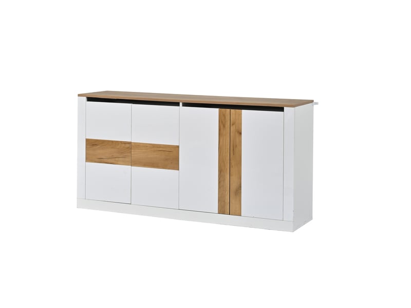  Buffet led blanc brillant effet chêne, meuble en mdf à 4 portes avec étagères réglables, commande mobile et vocale, 140 x 35 x 70 cm  - Conforama A