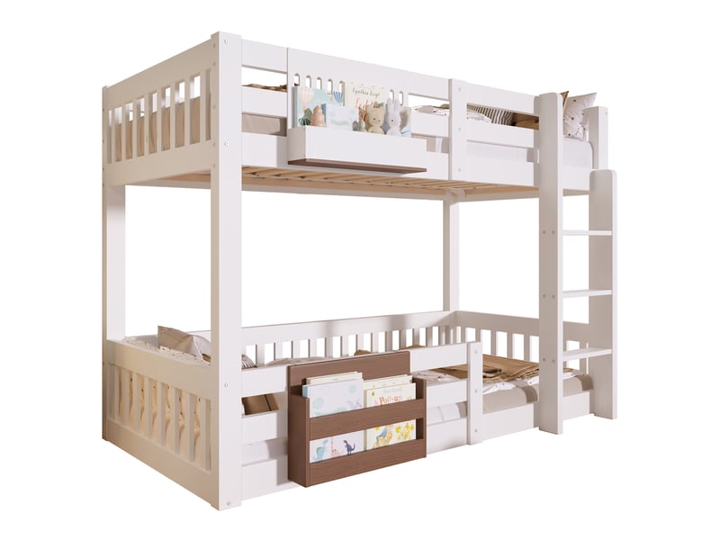 Lit superposé 90x200 cm, avec rangements, garde-corps de sécurité et échelle, sans matelas, métal, mdf et pin, blanc Bubbly - Conforama A