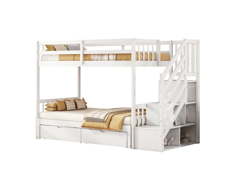  Modenvie lit superposé 90x200 cm - avec lit gigogne, 2 tiroirs et escalier de rangement, sans matelas - blanc  - Conforama A
