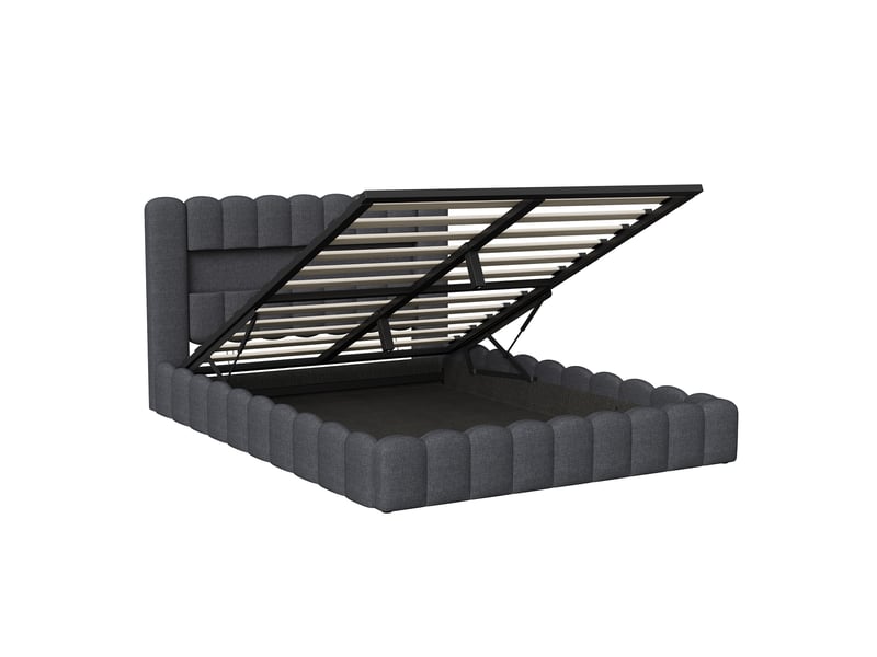  Lit coffre capitonné 160x200 cm, lit 2 places avec sommier, led et usb, rangement et tête de lit, lit adulte en lin, gris  - Conforama W