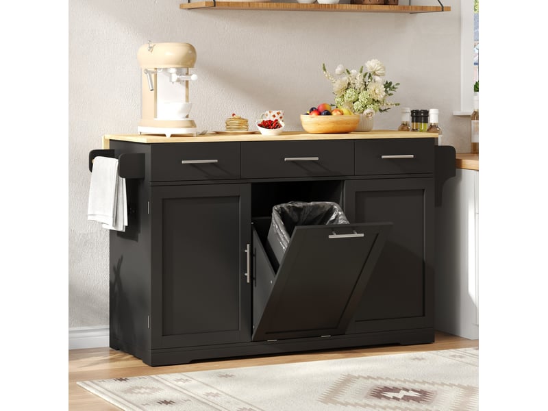  Îlot de cuisine mobile 136 x 75 x 92 cm, plateau rabattable, noir et naturel  - Conforama D