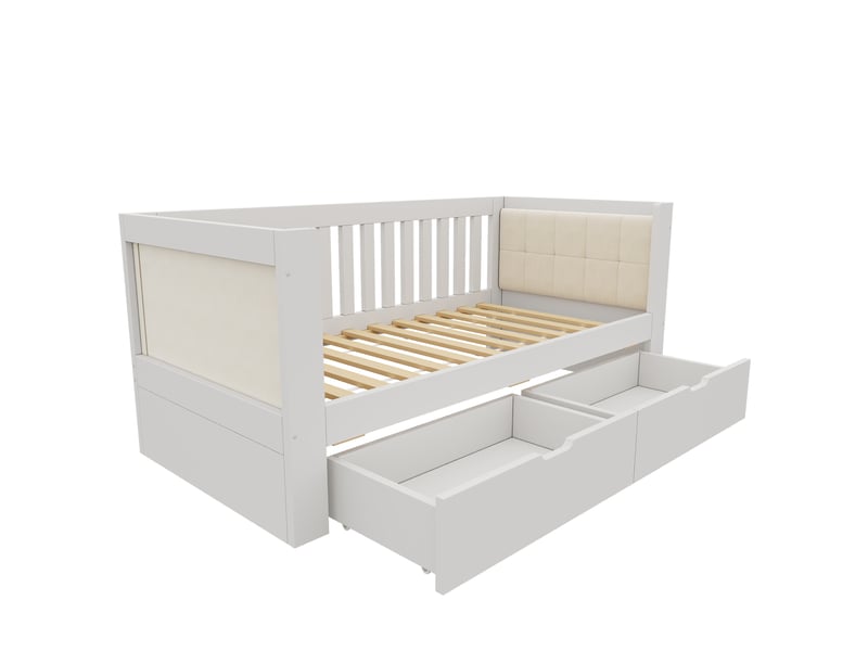  Lit banquette 90 × 190 cm blanc en bois, 2 tiroirs et accoudoirs arrondis IKSETERA TRADING LTD - Conforama R