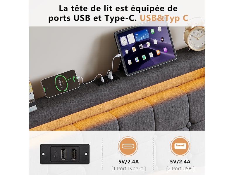  Lit coffre 90x200 avec led et usb, lit 2 place avec rangement hydraulique, lit simple rembourré avec sommier à lattes, sans matelas  - Conforama R