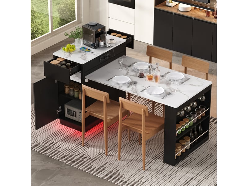 Table repas extensible sur roulettes avec led, prises et rangements noire evryae - Conforama C
