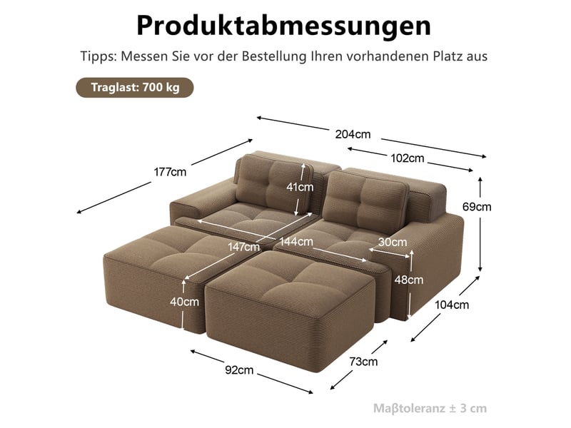  Canapé modulable 2 places en u en velours côtelé marron avec poufs  - Conforama E