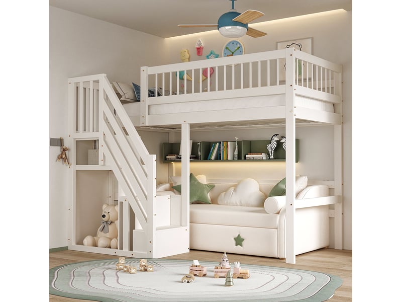 Lit mezzanine enfant en bois 90x200 cm avec escalier de rangement, blanc - Conforama E