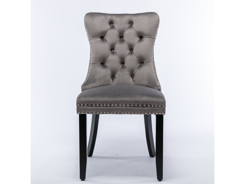  Lot de 2 chaises salle à manger velours gris – pieds bois massif – clous décoratifs – style contemporain  - Conforama A