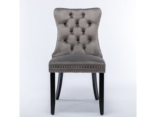 Lot de 2 chaises salle à manger velours gris – pieds bois massif – clous décoratifs – style contemporain