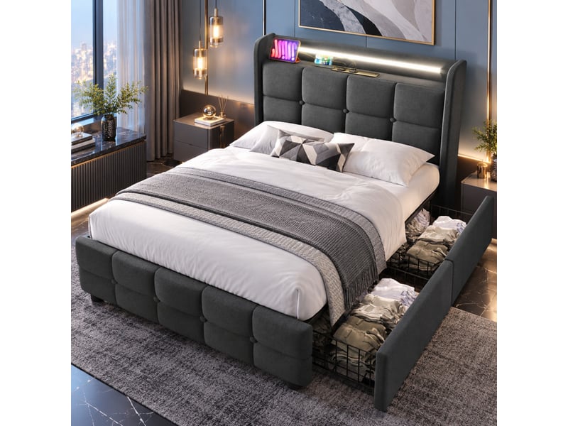  Lit simple rembourré 90 x 200 cm, tête de lit led, 2 usb + 2 prises, 2 tiroirs, sommier à lattes, matelas h3 inclus, gris  - Conforama E
